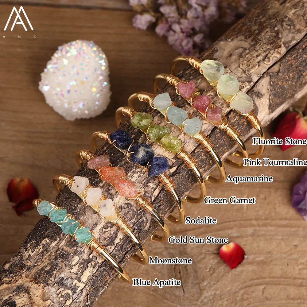 Natural Stone Open Bangle Moonstone Sunstone Bracelet Micro-Beaded Bangles Bohemian Ethnic Style Women's Jewelry Accessories