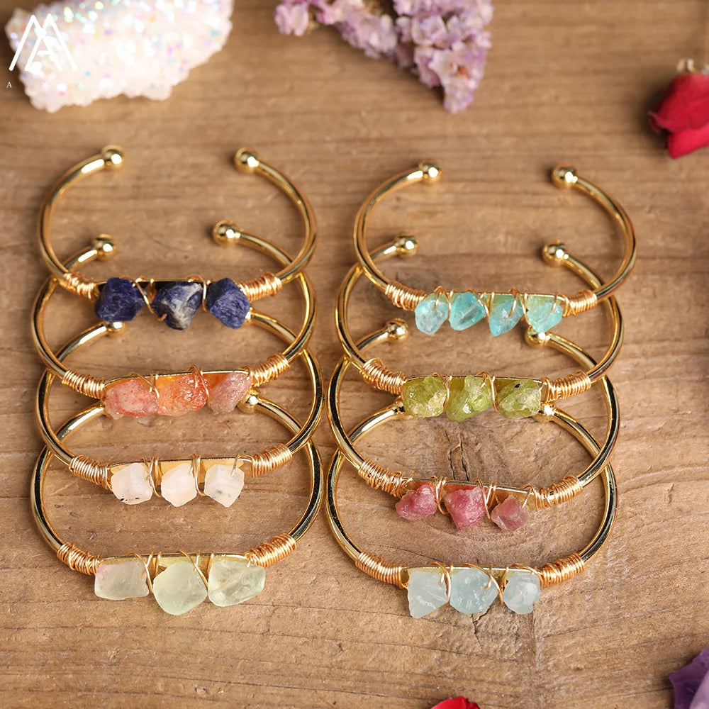 Natural Stone Open Bangle Moonstone Sunstone Bracelet Micro-Beaded Bangles Bohemian Ethnic Style Women's Jewelry Accessories