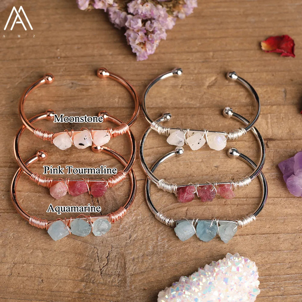 Natural Stone Open Bangle Moonstone Sunstone Bracelet Micro-Beaded Bangles Bohemian Ethnic Style Women's Jewelry Accessories