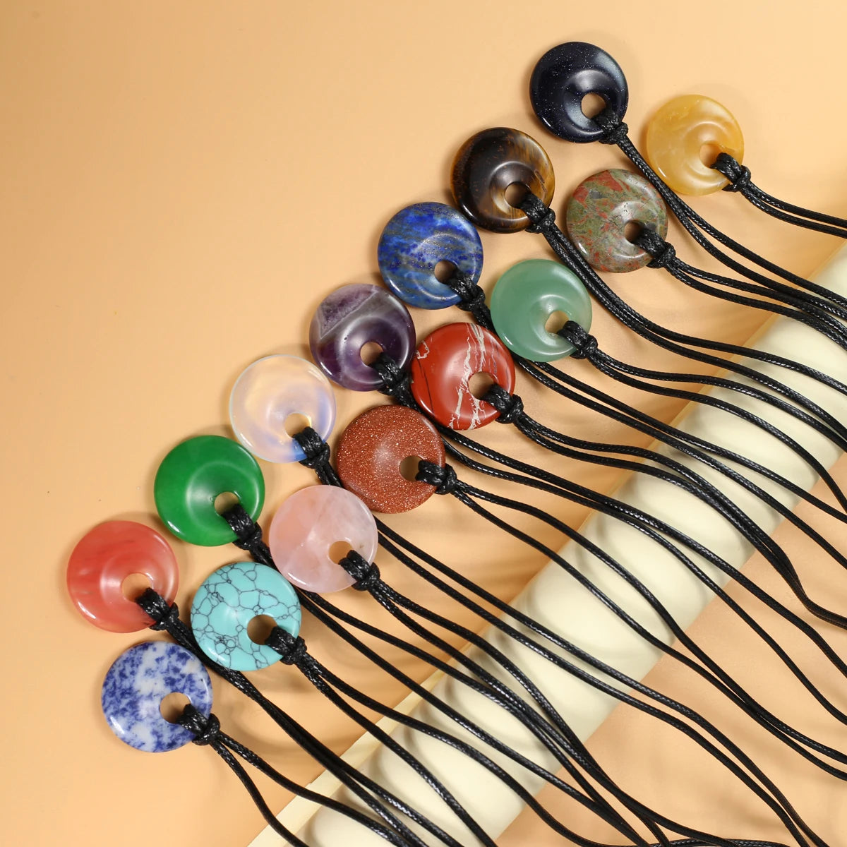 Natural Stone Pendant Necklace Round Beads Hole Quartz Amethyst Rope Chain Healing Crystals Stone Charms Necklace For Women