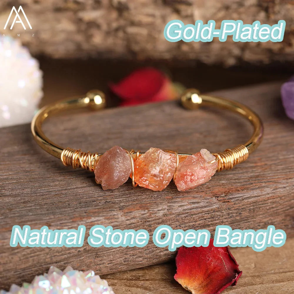 Natural Stone Open Bangle Moonstone Sunstone Bracelet Micro-Beaded Bangles Bohemian Ethnic Style Women's Jewelry Accessories