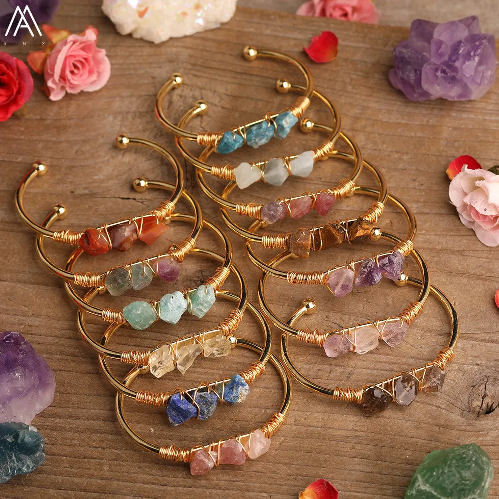 Natural Stone Open Bangle Moonstone Sunstone Bracelet Micro-Beaded Bangles Bohemian Ethnic Style Women's Jewelry Accessories